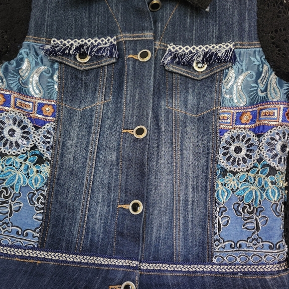 Blue Denim Embroidered Jean Jacket, Black Crocheted Lace Sleeves BOHO by MISHCA - Picture 2 of 7